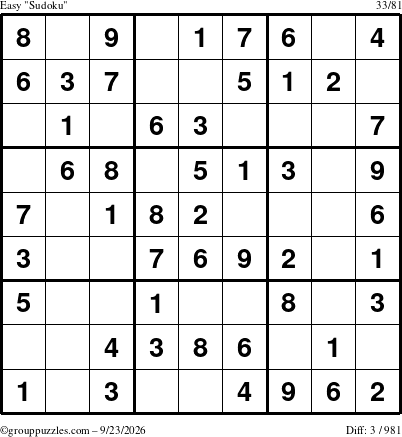 The grouppuzzles.com Easy Sudoku puzzle for Wednesday September 23, 2026