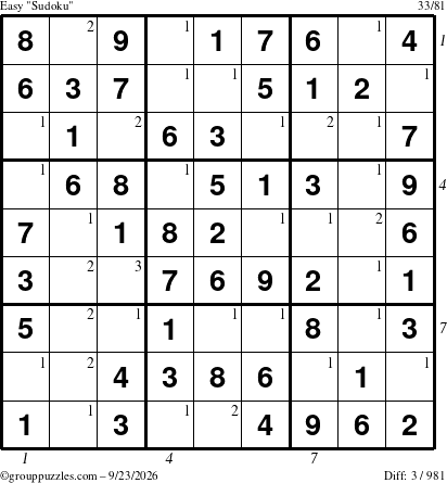 The grouppuzzles.com Easy Sudoku puzzle for Wednesday September 23, 2026 with all 3 steps marked