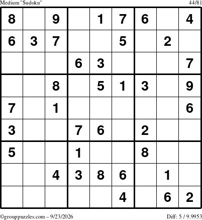 The grouppuzzles.com Medium Sudoku puzzle for Wednesday September 23, 2026