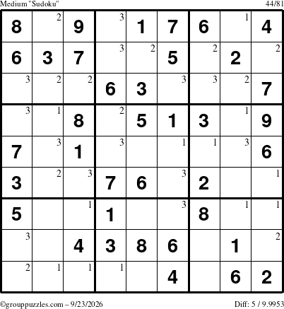 The grouppuzzles.com Medium Sudoku puzzle for Wednesday September 23, 2026 with the first 3 steps marked