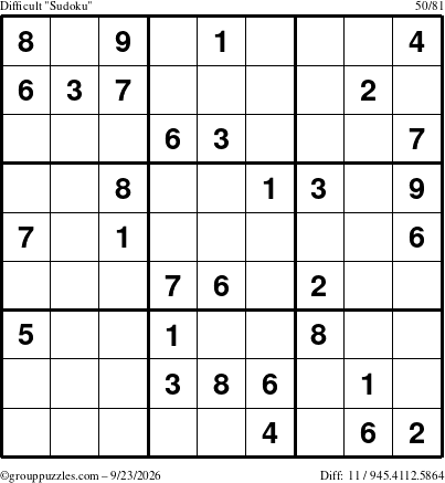 The grouppuzzles.com Difficult Sudoku puzzle for Wednesday September 23, 2026