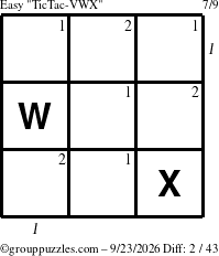 The grouppuzzles.com Easy TicTac-VWX puzzle for Wednesday September 23, 2026, suitable for printing, with all 2 steps marked