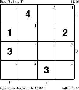 The grouppuzzles.com Easy Sudoku-4 puzzle for Saturday April 18, 2026, suitable for printing, with all 3 steps marked