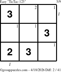 The grouppuzzles.com Easy TicTac-123 puzzle for Saturday April 18, 2026 with all 2 steps marked