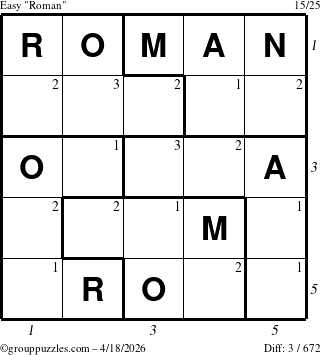 The grouppuzzles.com Easy Roman puzzle for Saturday April 18, 2026, suitable for printing, with all 3 steps marked