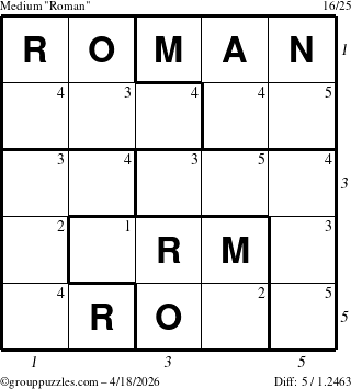 The grouppuzzles.com Medium Roman puzzle for Saturday April 18, 2026 with all 5 steps marked