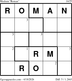 The grouppuzzles.com Medium Roman puzzle for Saturday April 18, 2026 with the first 3 steps marked