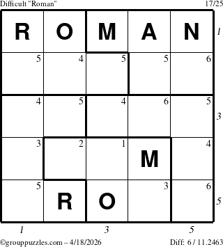 The grouppuzzles.com Difficult Roman puzzle for Saturday April 18, 2026, suitable for printing, with all 6 steps marked