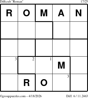 The grouppuzzles.com Difficult Roman puzzle for Saturday April 18, 2026 with the first 3 steps marked