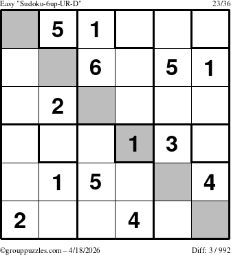 The grouppuzzles.com Easy Sudoku-6up-UR-D puzzle for Saturday April 18, 2026