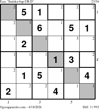 The grouppuzzles.com Easy Sudoku-6up-UR-D puzzle for Saturday April 18, 2026 with all 3 steps marked