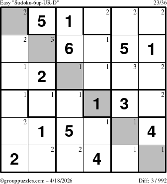 The grouppuzzles.com Easy Sudoku-6up-UR-D puzzle for Saturday April 18, 2026 with the first 3 steps marked