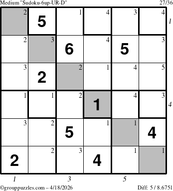 The grouppuzzles.com Medium Sudoku-6up-UR-D puzzle for Saturday April 18, 2026 with all 5 steps marked