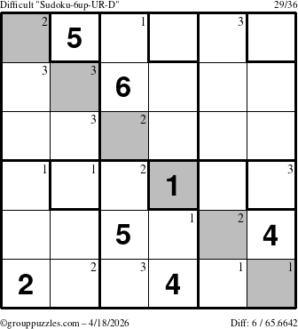 The grouppuzzles.com Difficult Sudoku-6up-UR-D puzzle for Saturday April 18, 2026 with the first 3 steps marked