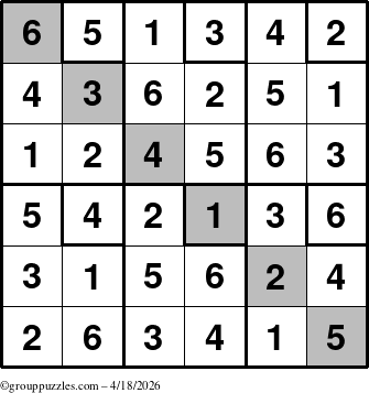 The grouppuzzles.com Answer grid for the Sudoku-6up-UR-D puzzle for Saturday April 18, 2026