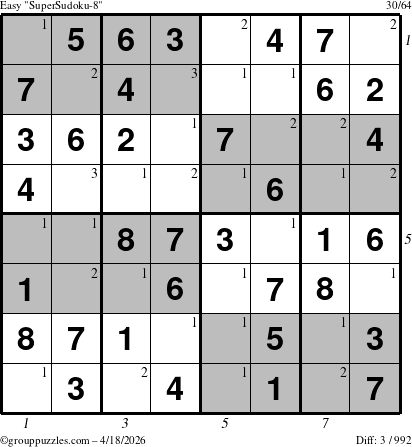 The grouppuzzles.com Easy SuperSudoku-8 puzzle for Saturday April 18, 2026 with all 3 steps marked