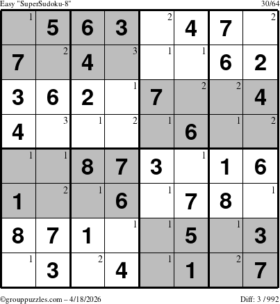The grouppuzzles.com Easy SuperSudoku-8 puzzle for Saturday April 18, 2026 with the first 3 steps marked