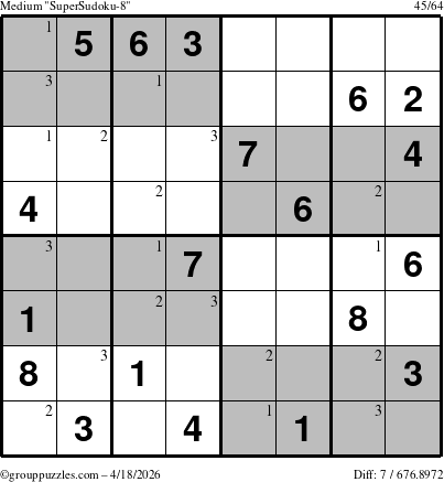 The grouppuzzles.com Medium SuperSudoku-8 puzzle for Saturday April 18, 2026 with the first 3 steps marked