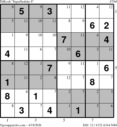 The grouppuzzles.com Difficult SuperSudoku-8 puzzle for Saturday April 18, 2026, suitable for printing, with all 12 steps marked