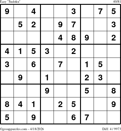 The grouppuzzles.com Easy Sudoku puzzle for Saturday April 18, 2026