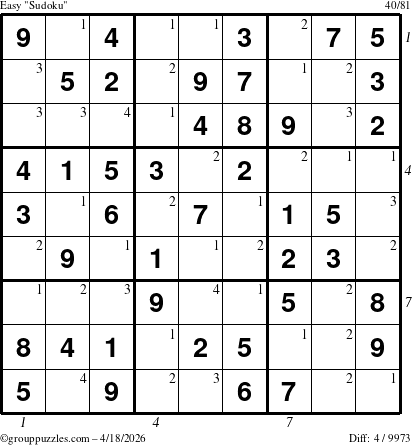 The grouppuzzles.com Easy Sudoku puzzle for Saturday April 18, 2026, suitable for printing, with all 4 steps marked