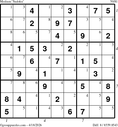 The grouppuzzles.com Medium Sudoku puzzle for Saturday April 18, 2026, suitable for printing, with all 8 steps marked