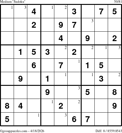 The grouppuzzles.com Medium Sudoku puzzle for Saturday April 18, 2026 with the first 3 steps marked