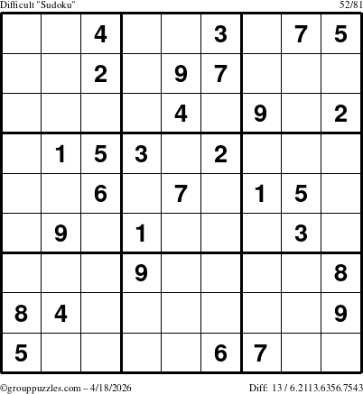 The grouppuzzles.com Difficult Sudoku puzzle for Saturday April 18, 2026