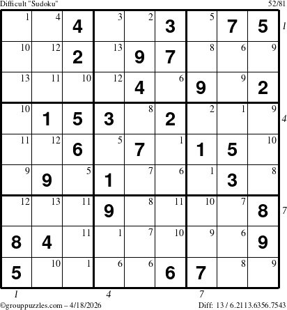 The grouppuzzles.com Difficult Sudoku puzzle for Saturday April 18, 2026, suitable for printing, with all 13 steps marked