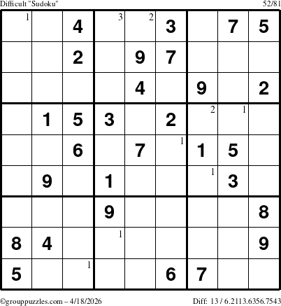 The grouppuzzles.com Difficult Sudoku puzzle for Saturday April 18, 2026 with the first 3 steps marked