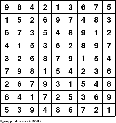 The grouppuzzles.com Answer grid for the Sudoku puzzle for Saturday April 18, 2026
