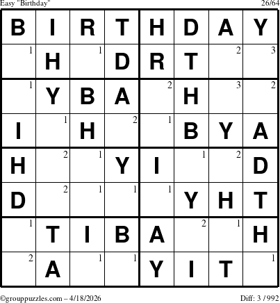 The grouppuzzles.com Easy Birthday puzzle for Saturday April 18, 2026 with the first 3 steps marked