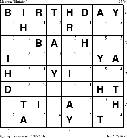 The grouppuzzles.com Medium Birthday puzzle for Saturday April 18, 2026 with all 5 steps marked