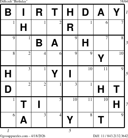 The grouppuzzles.com Difficult Birthday puzzle for Saturday April 18, 2026 with all 11 steps marked