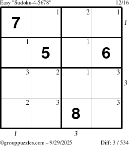 The grouppuzzles.com Easy Sudoku-4-5678 puzzle for Monday September 29, 2025 with all 3 steps marked