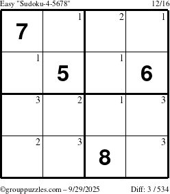 The grouppuzzles.com Easy Sudoku-4-5678 puzzle for Monday September 29, 2025 with the first 3 steps marked