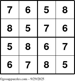 The grouppuzzles.com Answer grid for the Sudoku-4-5678 puzzle for Monday September 29, 2025
