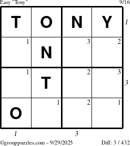 The grouppuzzles.com Easy Tony puzzle for Monday September 29, 2025 with all 3 steps marked