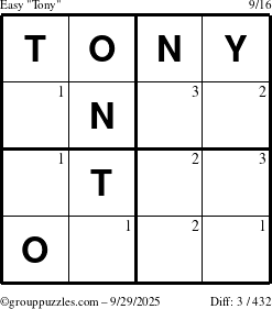 The grouppuzzles.com Easy Tony puzzle for Monday September 29, 2025 with the first 3 steps marked
