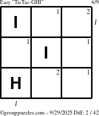 The grouppuzzles.com Easy TicTac-GHI puzzle for Monday September 29, 2025 with all 2 steps marked