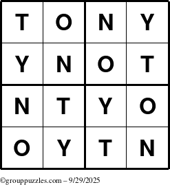 The grouppuzzles.com Answer grid for the Tony puzzle for Monday September 29, 2025