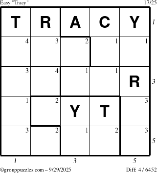 The grouppuzzles.com Easy Tracy puzzle for Monday September 29, 2025 with all 4 steps marked