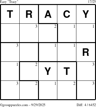 The grouppuzzles.com Easy Tracy puzzle for Monday September 29, 2025 with the first 3 steps marked