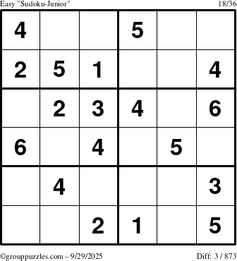 The grouppuzzles.com Easy Sudoku-Junior puzzle for Monday September 29, 2025