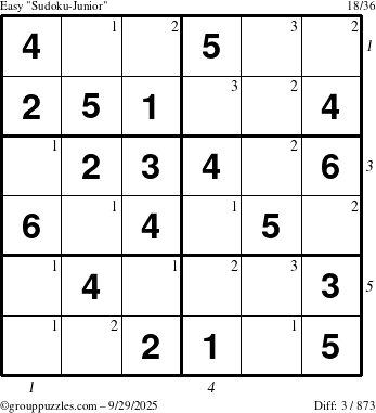 The grouppuzzles.com Easy Sudoku-Junior puzzle for Monday September 29, 2025 with all 3 steps marked