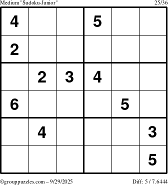 The grouppuzzles.com Medium Sudoku-Junior puzzle for Monday September 29, 2025