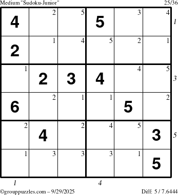The grouppuzzles.com Medium Sudoku-Junior puzzle for Monday September 29, 2025 with all 5 steps marked