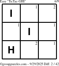 The grouppuzzles.com Easy TicTac-GHI puzzle for Monday September 29, 2025 with the first 2 steps marked