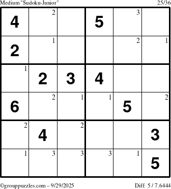 The grouppuzzles.com Medium Sudoku-Junior puzzle for Monday September 29, 2025 with the first 3 steps marked
