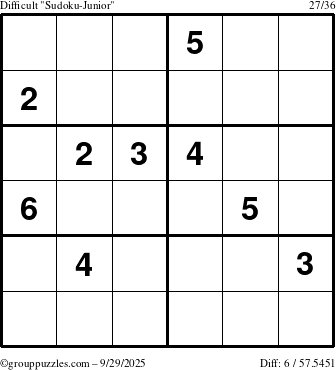 The grouppuzzles.com Difficult Sudoku-Junior puzzle for Monday September 29, 2025